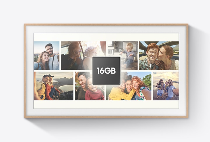Description: Various user photos of family and friends are displayed on The Frame. On top of the pictures is a black square graphic which shows the words 16 GB.