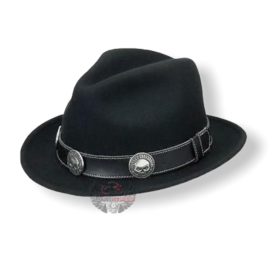 Skull Band Black Fedora Brimmed Hat 