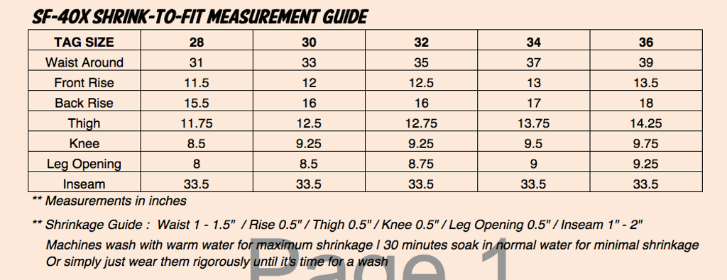 40X Unsanforized Size Guide