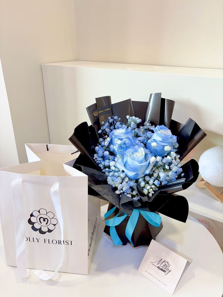 Fresh  Sky Blue BB Rose Bouquet KL Same Day Delivery