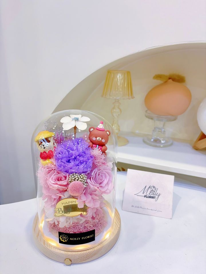 Birthday Teddy Bear Preserved Flower Glass Dome Same Day Delivery Gift