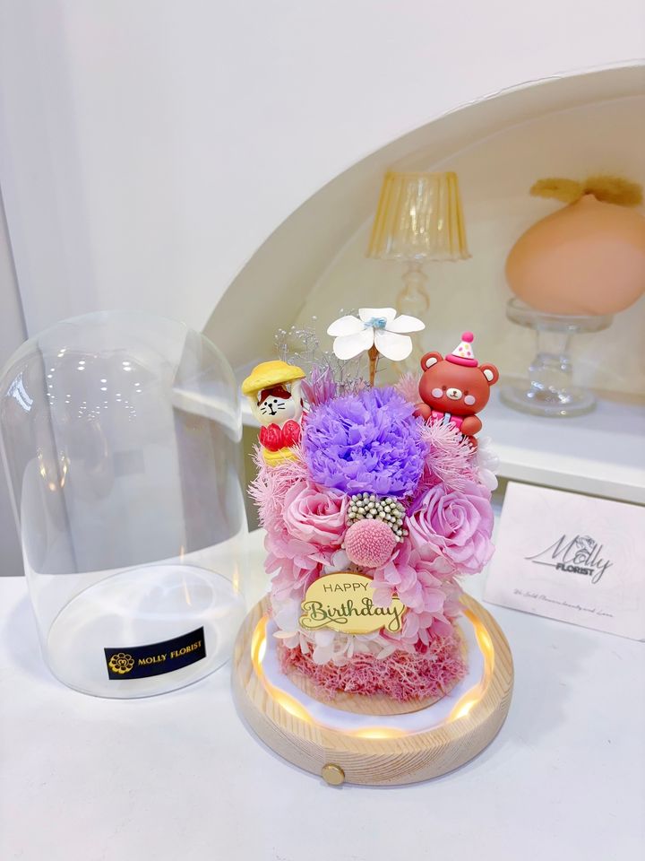 Birthday Teddy Bear Preserved Flower Glass Dome Same Day Delivery Gift