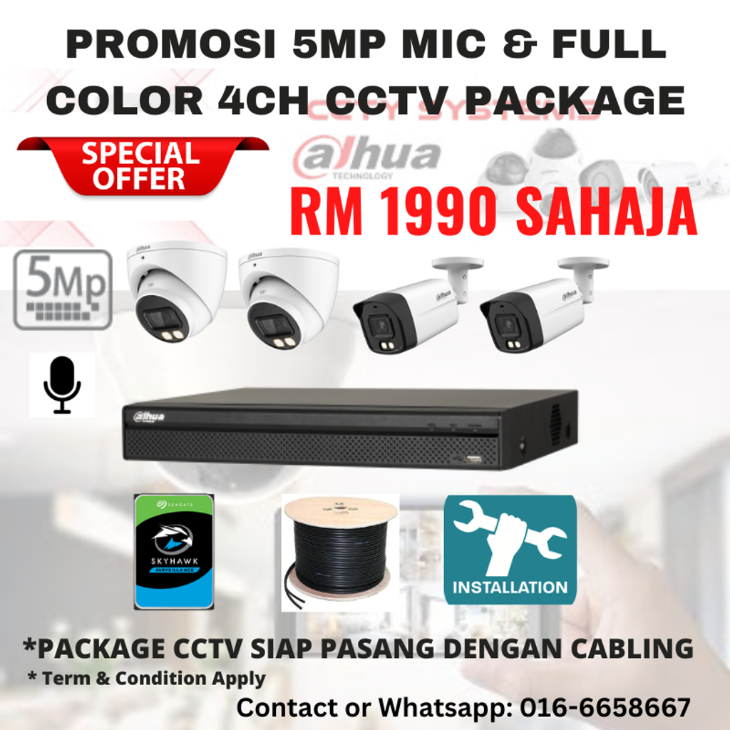 4CH 5MP Color Mic HDCVI CCTV CAMERA SIAP PASANG DENGAN WIRING