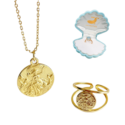 金色小美人魚雙層戒指＋重金屬美人魚硬幣項鍊組合 Ｍermaid Set