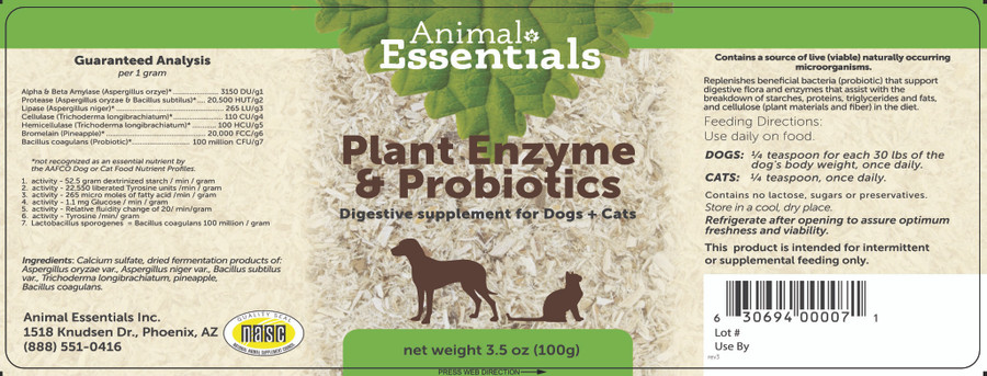Animal Essentials Plant Enzymes & Probiotics For Pets – 100g Powder, Digestion Aid