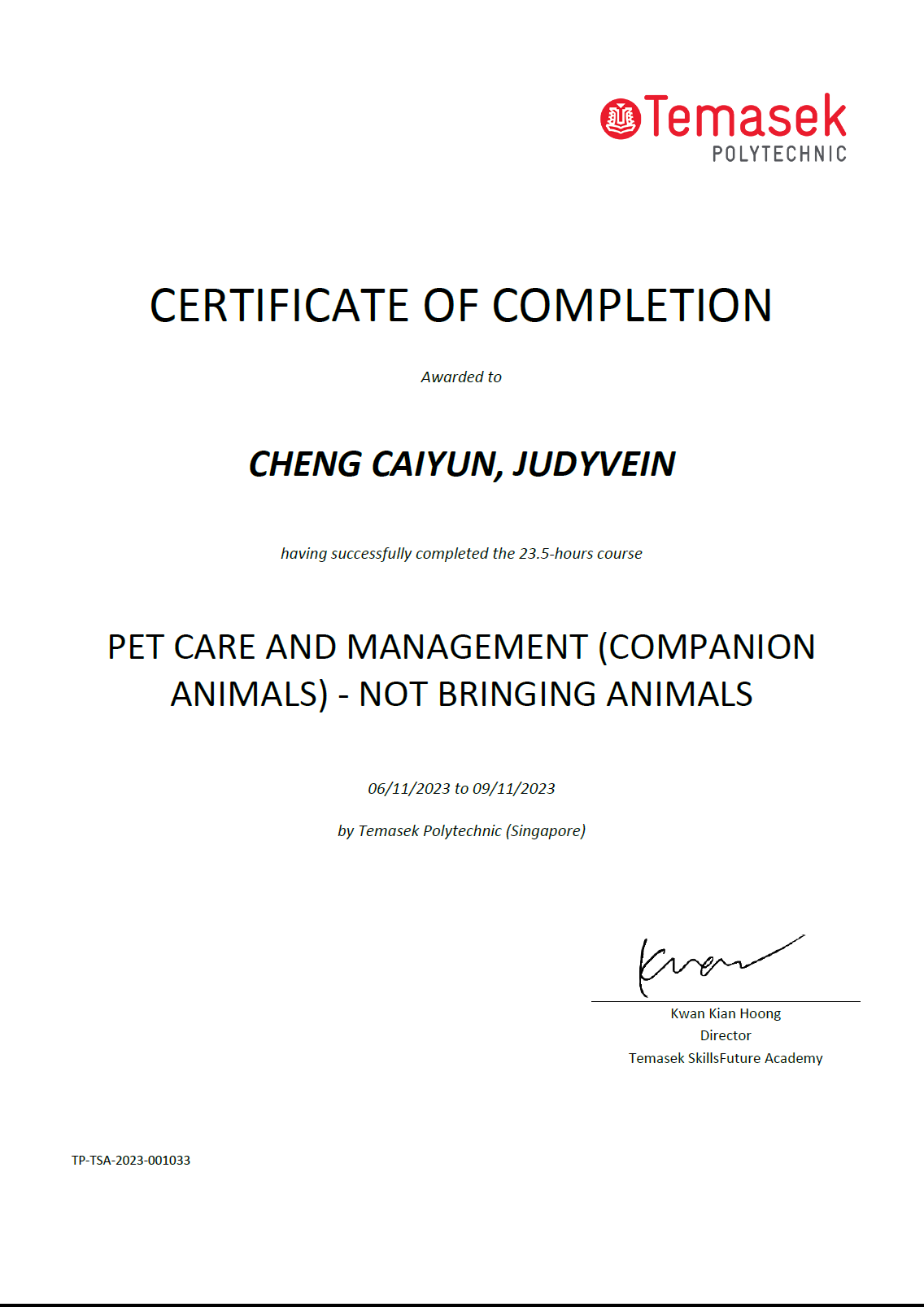 Pet Care and Management cert
