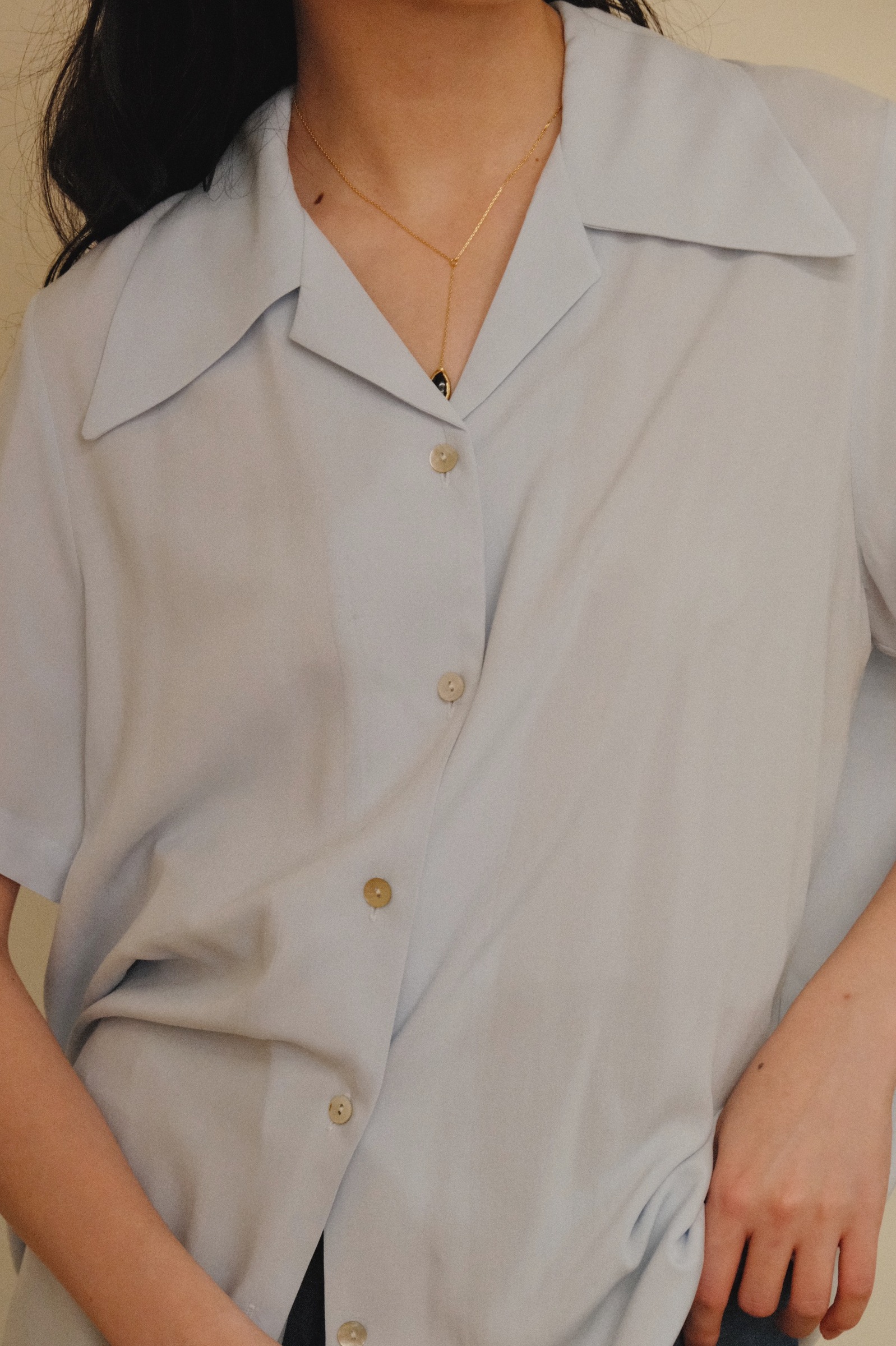 Monotone ૮ 透膚襯衫 藍 Ai L Shape Lapel Collar Shirt Linous