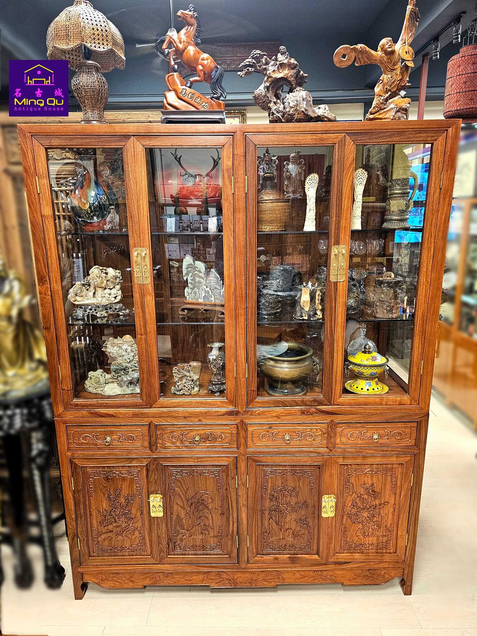 CW Zitan wood Extra Big 4drawers Glass Cabinet 刺猬紫檀木加大四抽