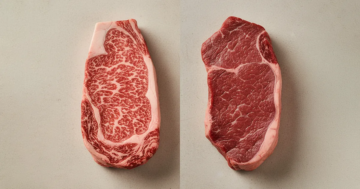 Split raw ribeye on light stone—left marbled/younger, right darker/leaner (older).