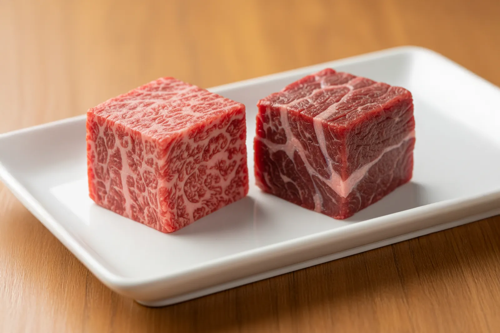 Close-up of beef fibres—left younger fine grain, right older denser connective tissue.