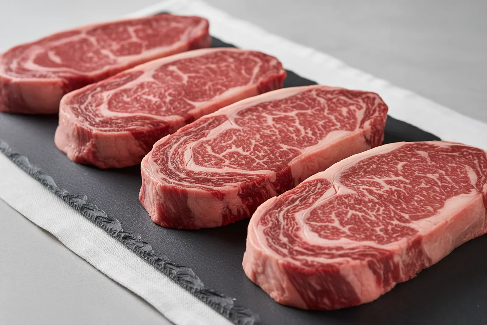 Three raw ribeye steaks from low to high intramuscular marbling on light stone.