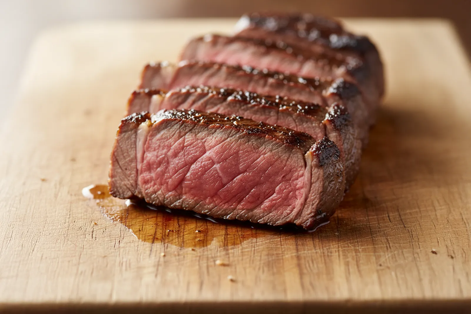 Sliced medium-rare ribeye with browned crust and clear juices—ideal for fast sear.