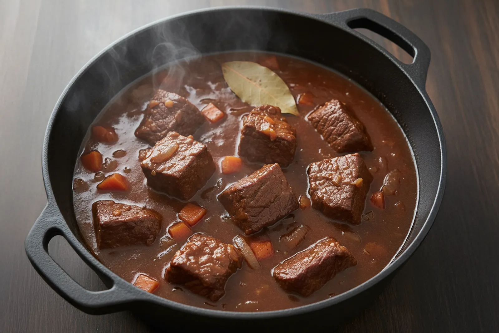 Beef braise with tender cubes and rich sauce—best for older/leaner cuts cooked low and slow.