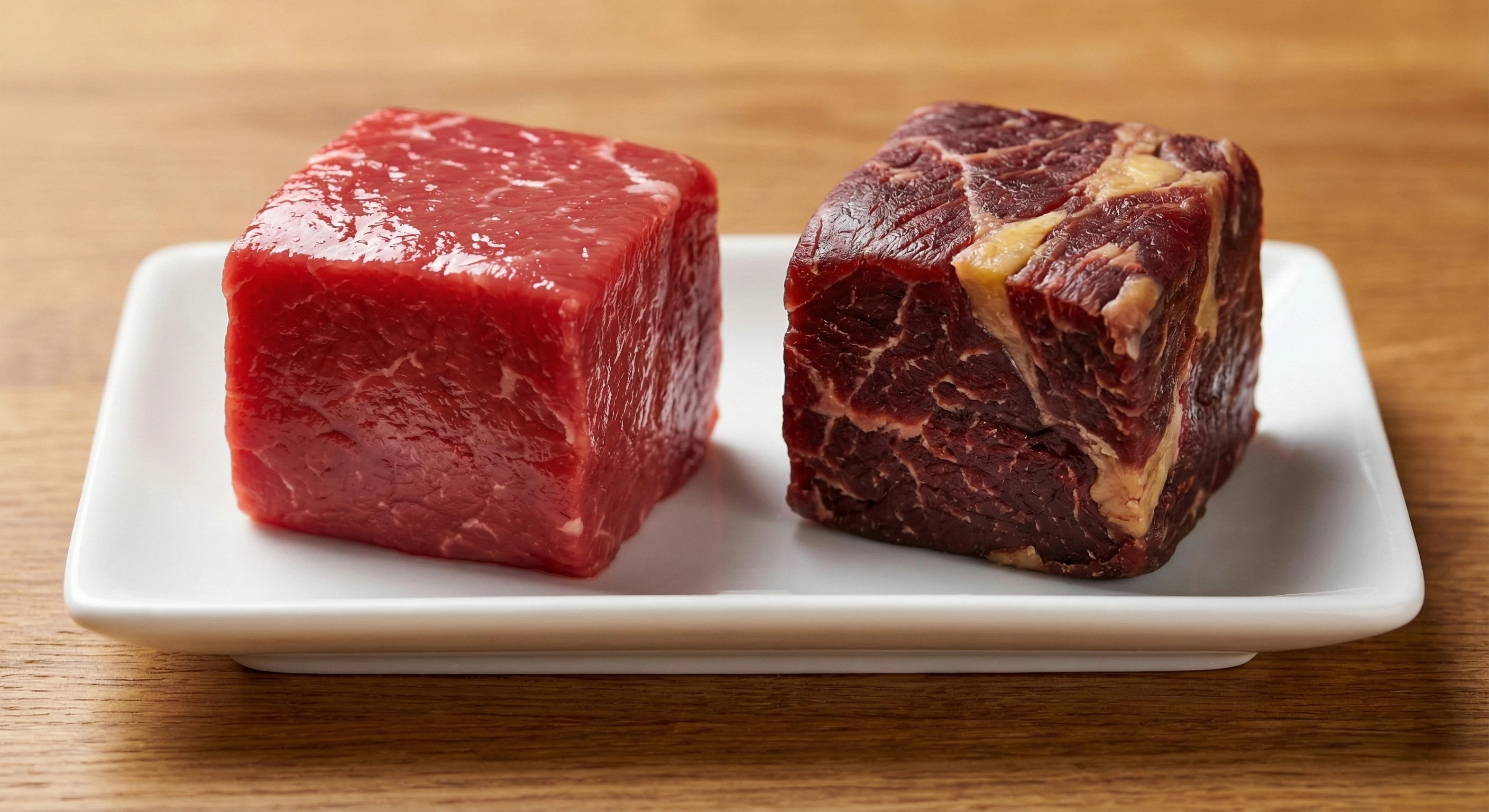 Close-up of beef fibres—left younger fine grain, right older denser connective tissue.