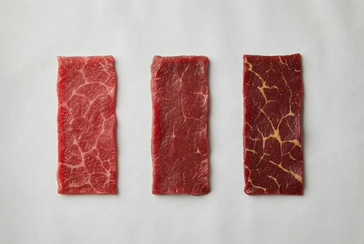 Three lean beef strips from bright to deeper red illustrating myoglobin increase with age.