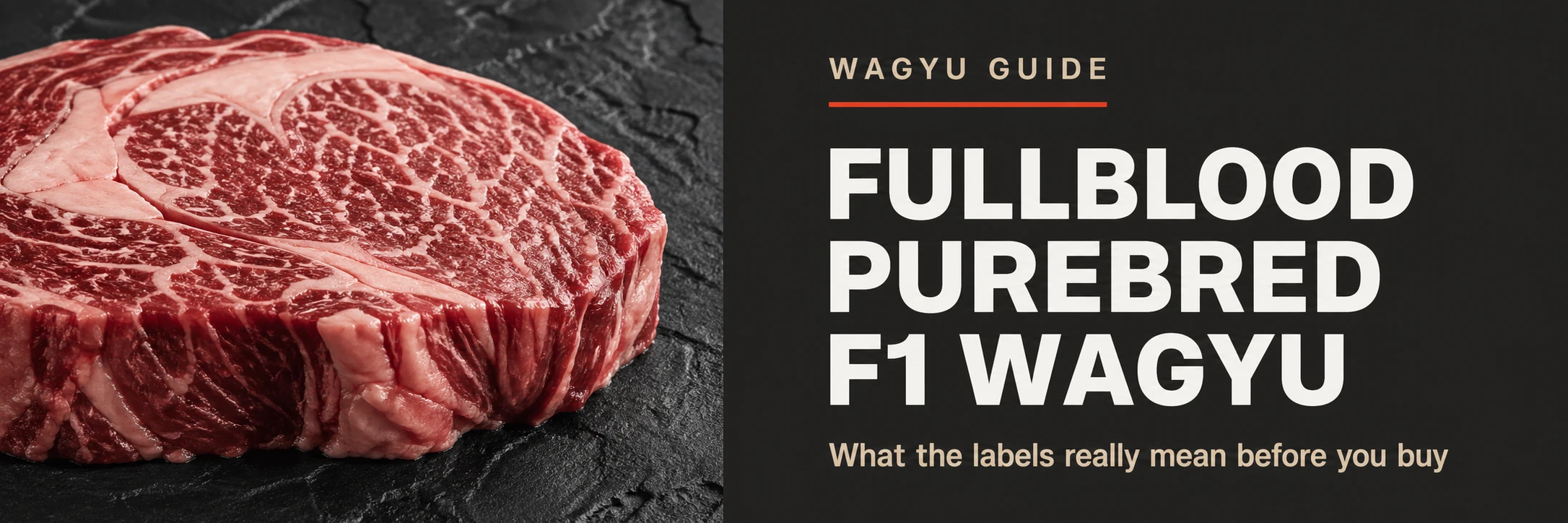Marbled Wagyu ribeye steak with Fullblood Purebred F1 Wagyu guide title