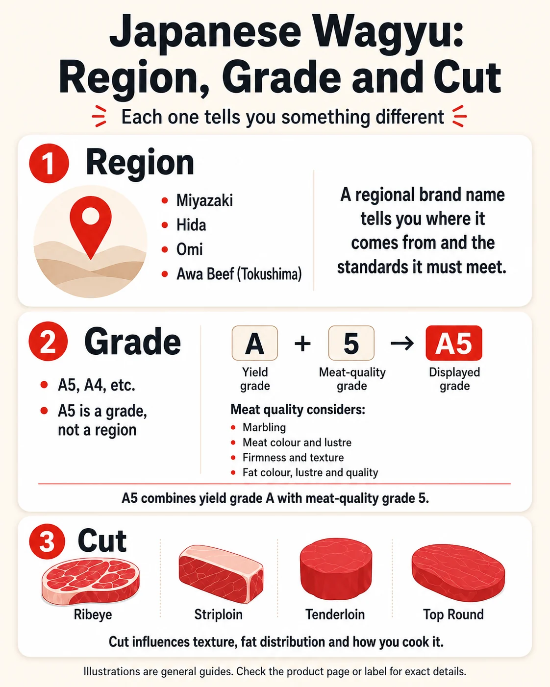 Infographic explaining the difference between Japanese Wagyu regional names, carcass grades and cuts