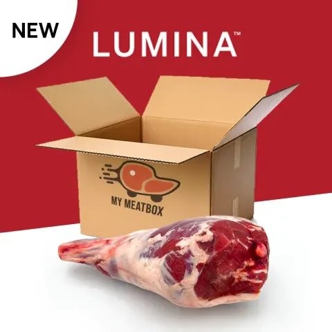 New Zealand Lumina lamb leg (bone-in, shank on) with brand box