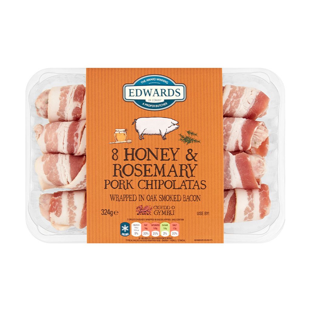 Edwards of Conwy 8 Honey Rosemary Pork Chips Wrapped in Bacon 324g.jpg