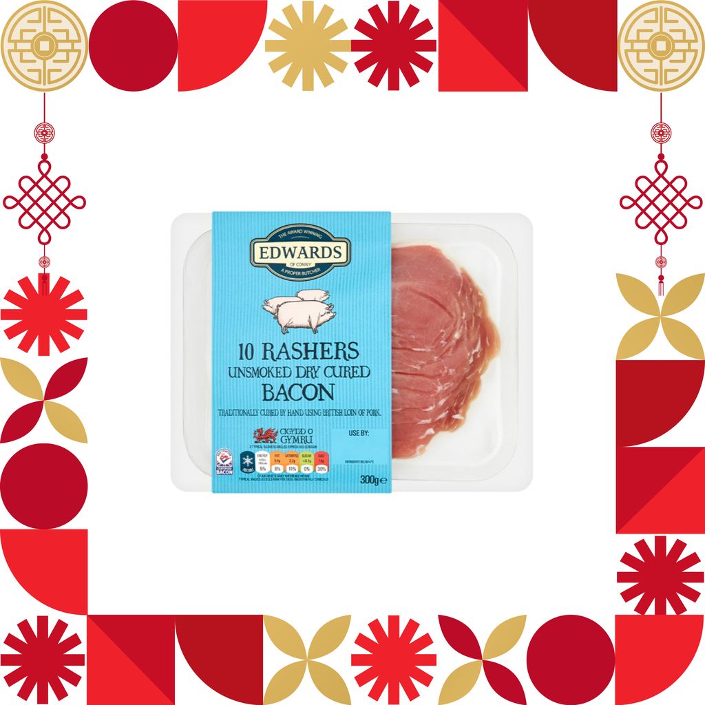 EDWARDS OF CONWY 10 DRY CURED BACON 10 SLICES (UNSMOKED) 300G