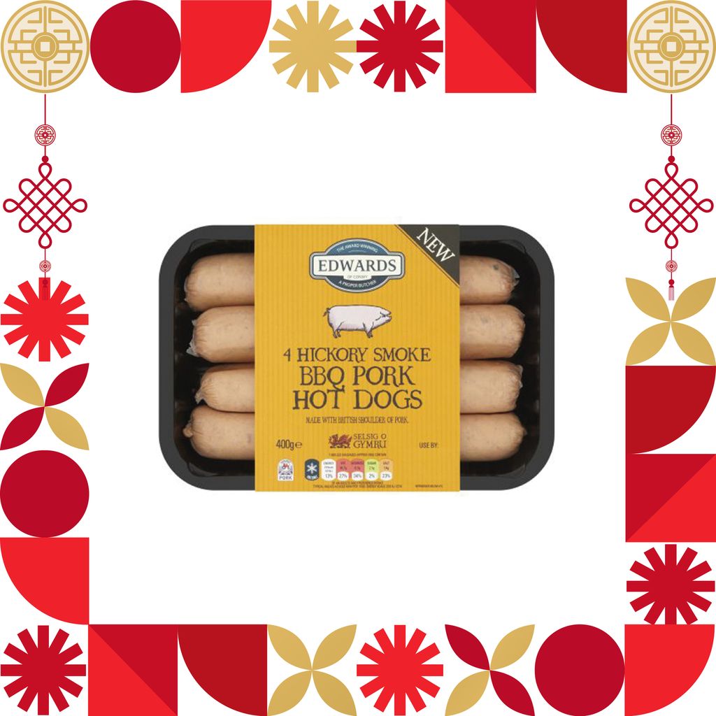 EDWARDS OF CONWY 4 HICKORY SMOKED BBQ PORK HOTDOGS 400G