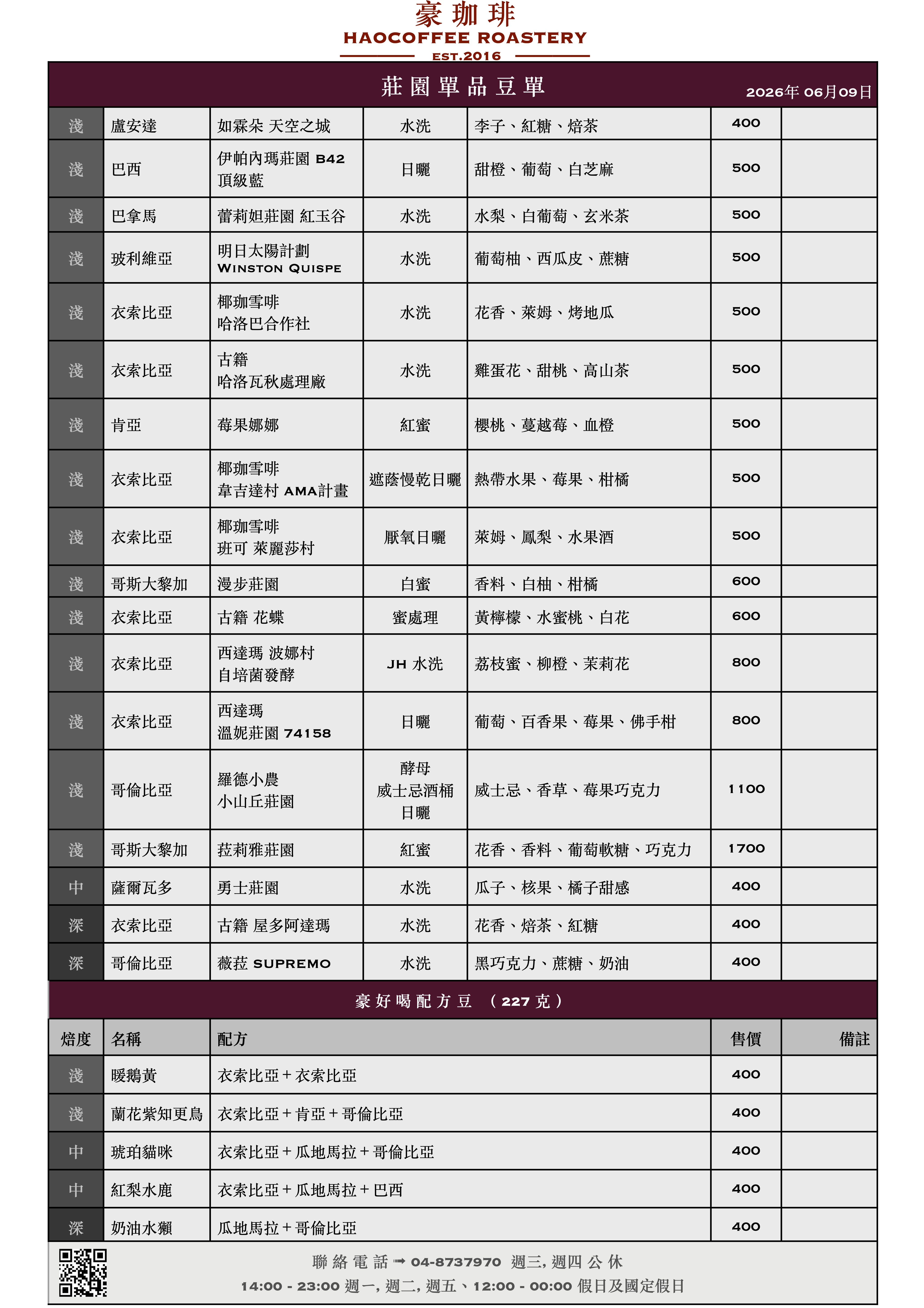 2026豪珈琲豆單 