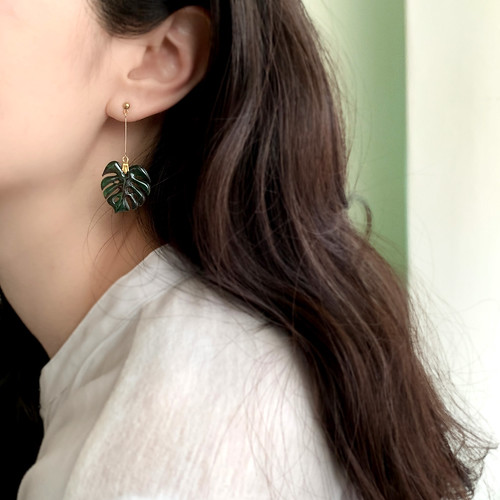 繡線 耳環/耳夾 多色 - 耳環 龜背芋 觀葉 植物 樹脂 水鑽 銀飾 耳夾  禮物 禮盒 夏天