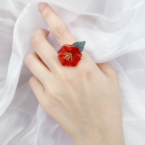 其他材質 戒指 多色 - 戒指 椿花 樹脂 開口戒 花 銀飾 水鑽 生日 禮物 手工 紅 夏天