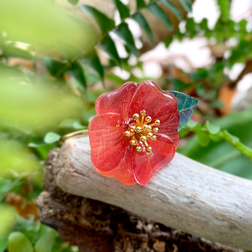 其他材質 戒指 多色 - 戒指 椿花 樹脂 開口戒 花 銀飾 水鑽 生日 禮物 手工 紅 夏天