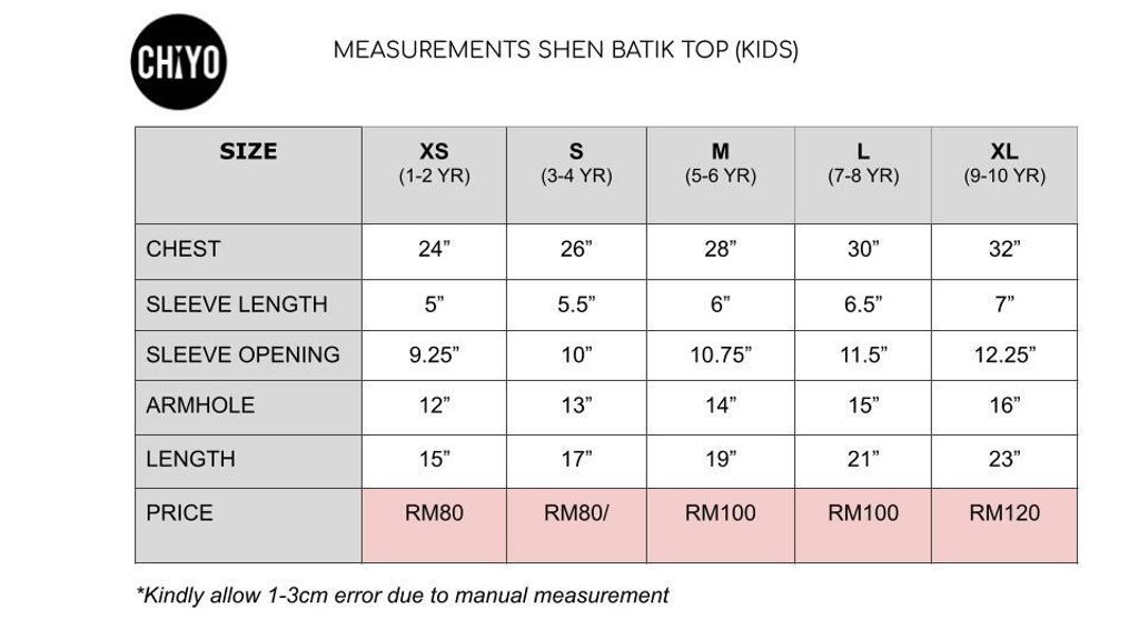 SHEN SHIRT KIDS MEASUREMENTS TABLE