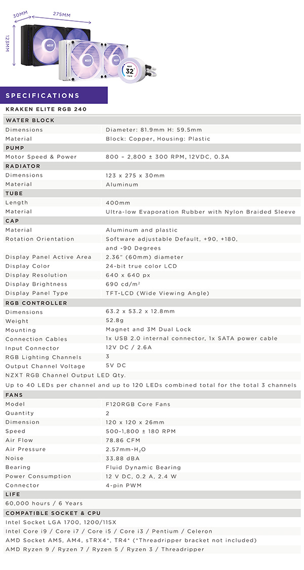 NZXT Kraken Elite RGB 240mm AIO Liquid CPU Cooler - Black - Specifications