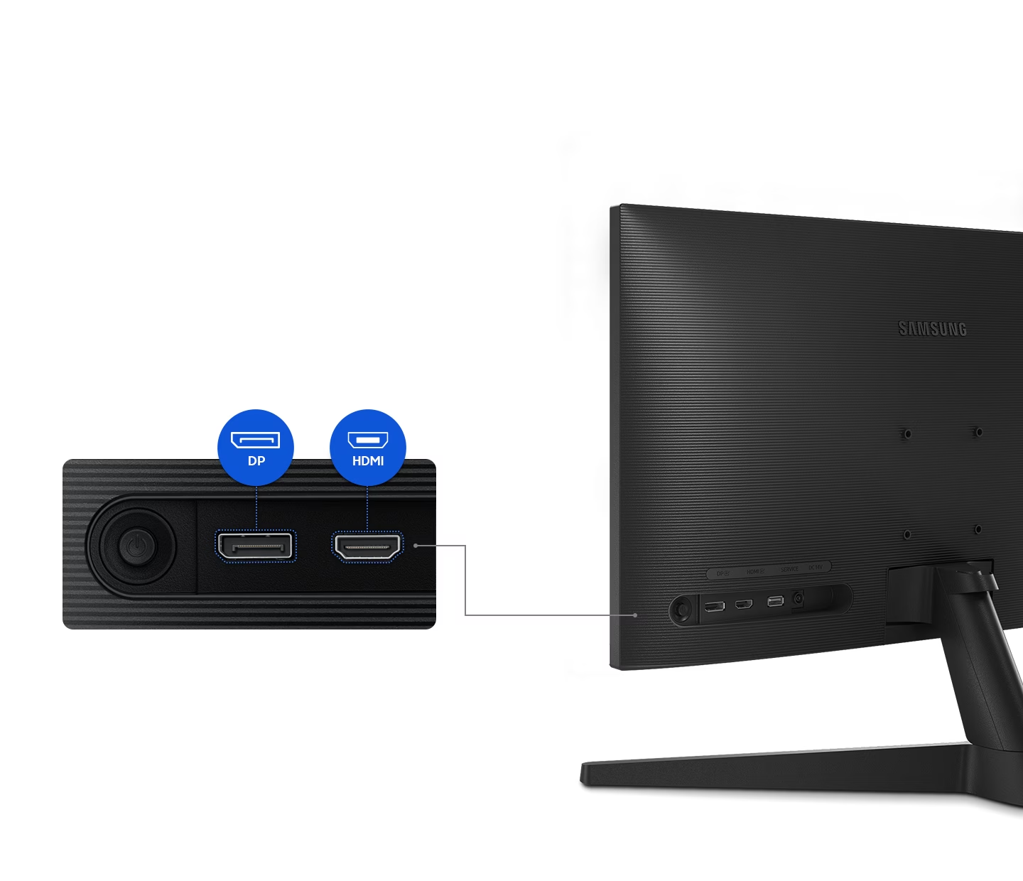 The rear side of a monitor is shown, and its connectivity part is being closed up. It has DP and HDMI ports.