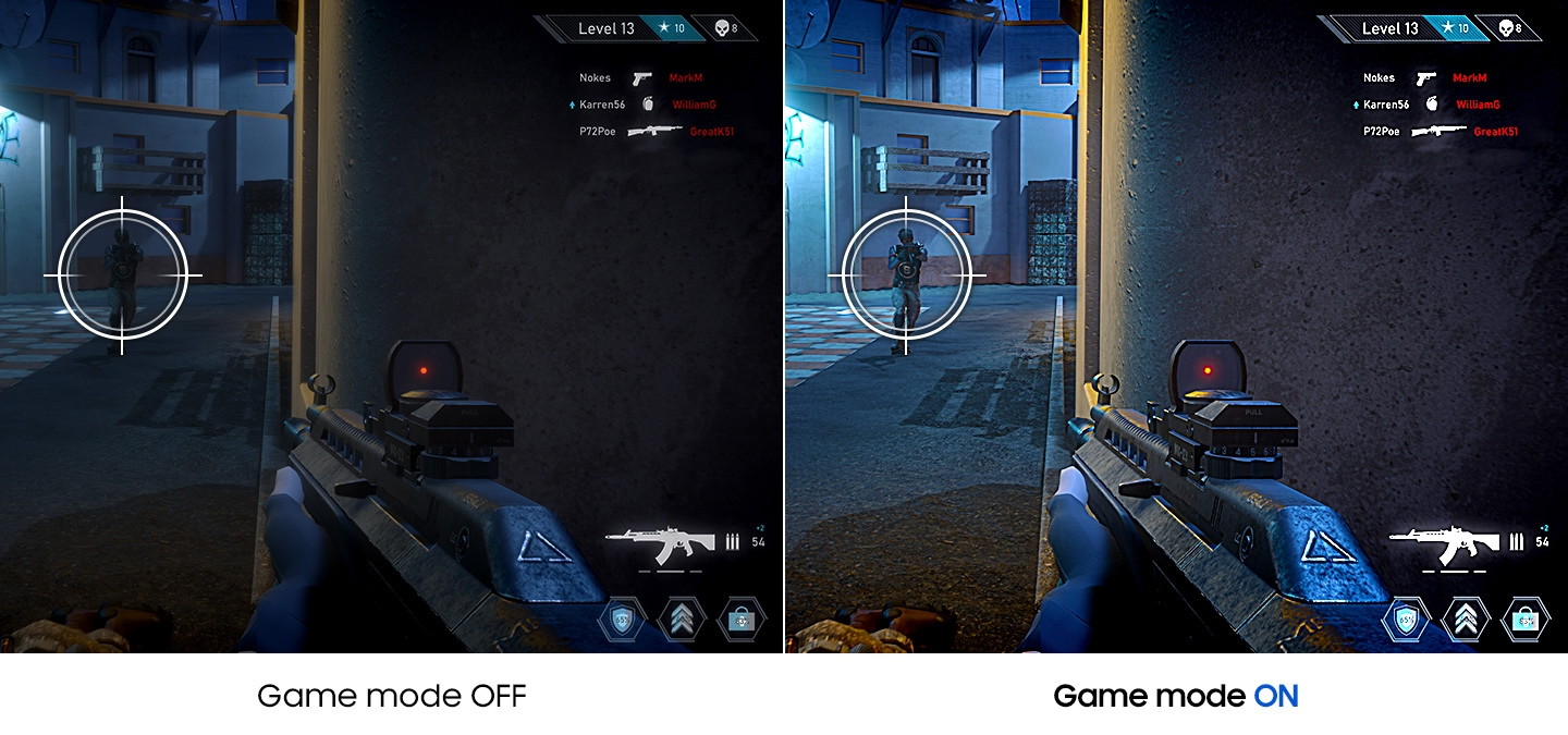 When the Game mode is off, the image looks darker, and hard to find the target. On the other hand, when the Game mode is on, the contrast of the image is adjusted, and therefore it is easier to find the target.