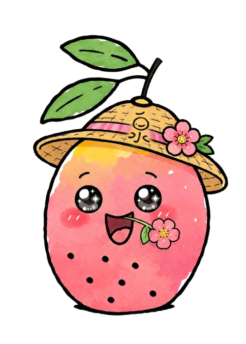 泉果園吉祥物粉泉，水蜜桃芒果造型，斗笠上別著粉花