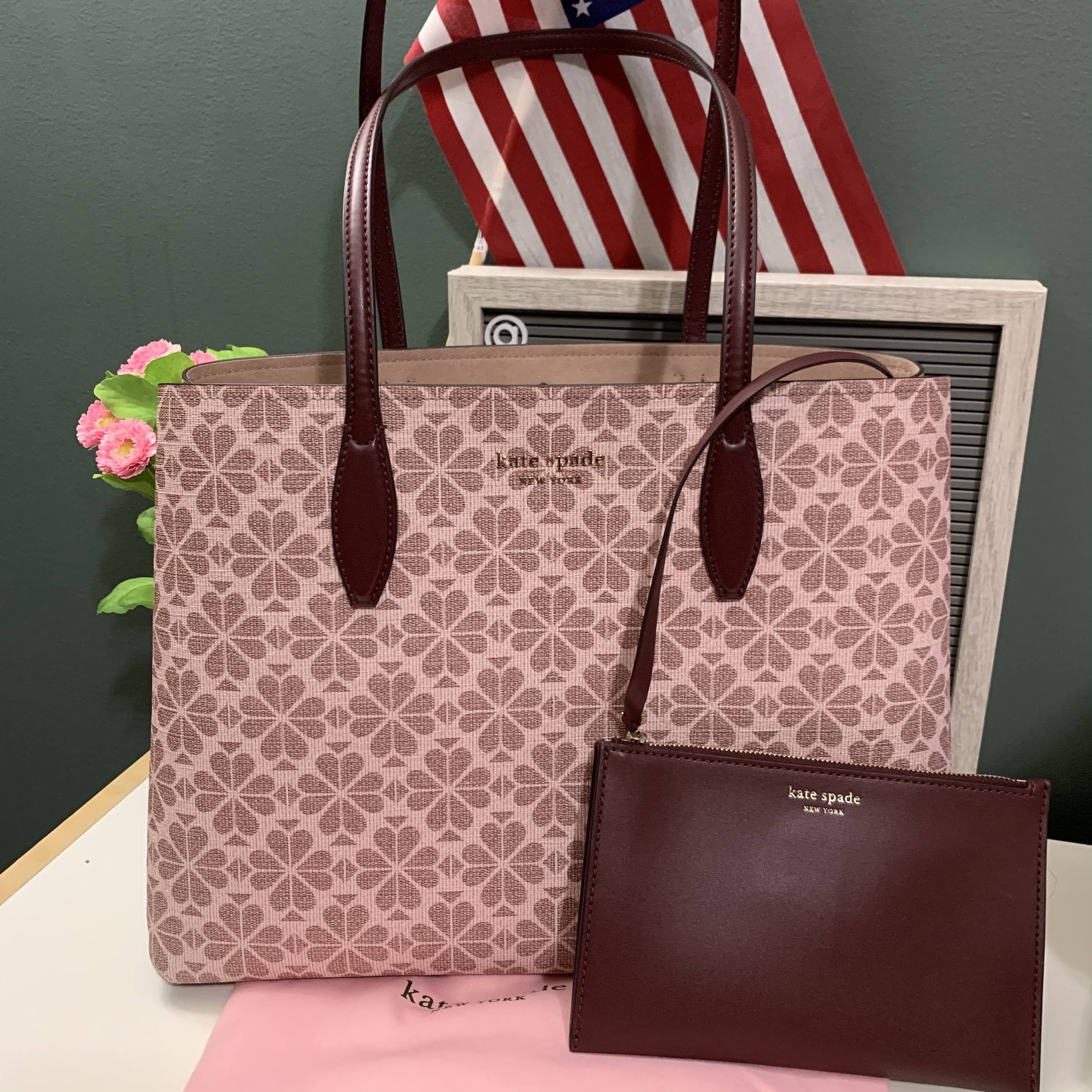 Kate Spade spade flower coated canvas all day large tote w/ pouch ~NWT~ Pink