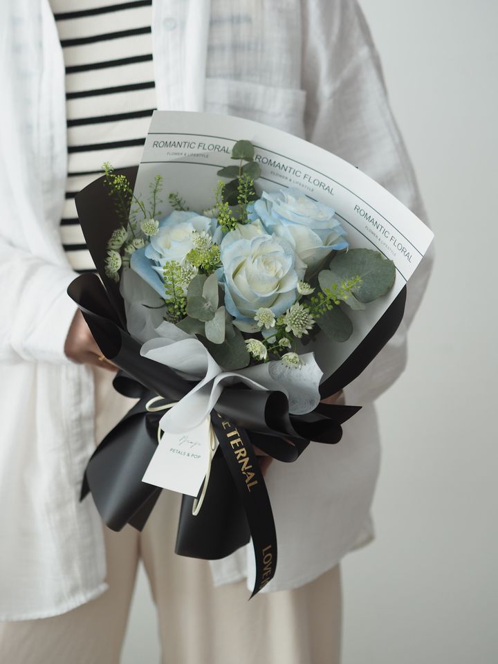 3 stalks white roses with blue spray and eucalyptus - RM128