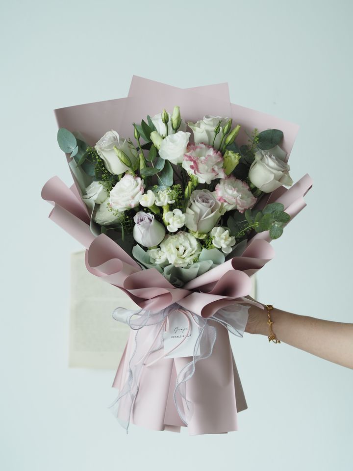 Rain dance with white & pink eustoma and carnation - RM179