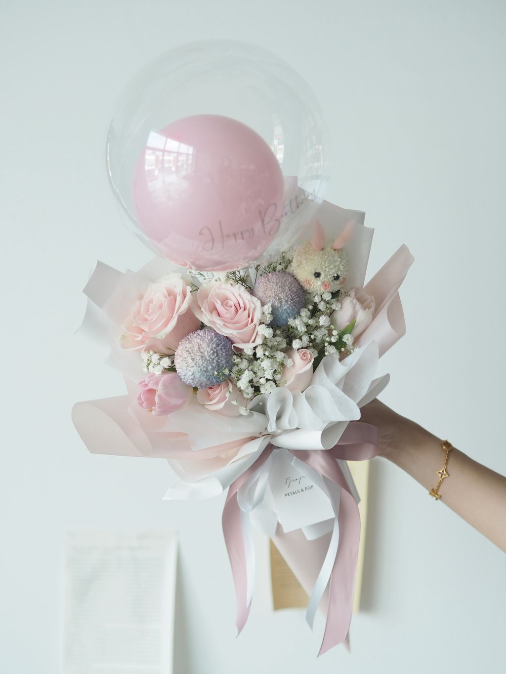 pink roses with ping pong and bunny + Happy Birthday balloon - RM198.