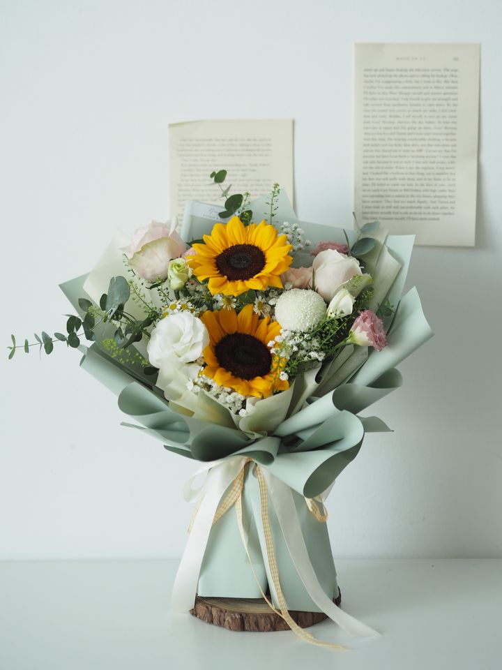 2 stalks sunflower with ping pong and roses and eustoma and eucalyptus - RM189