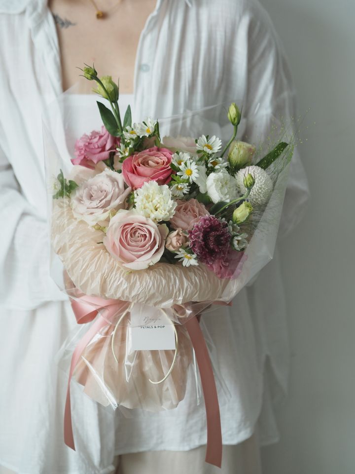[1new]  Mix bouquet in pink glass wrapping Russian style - RM189