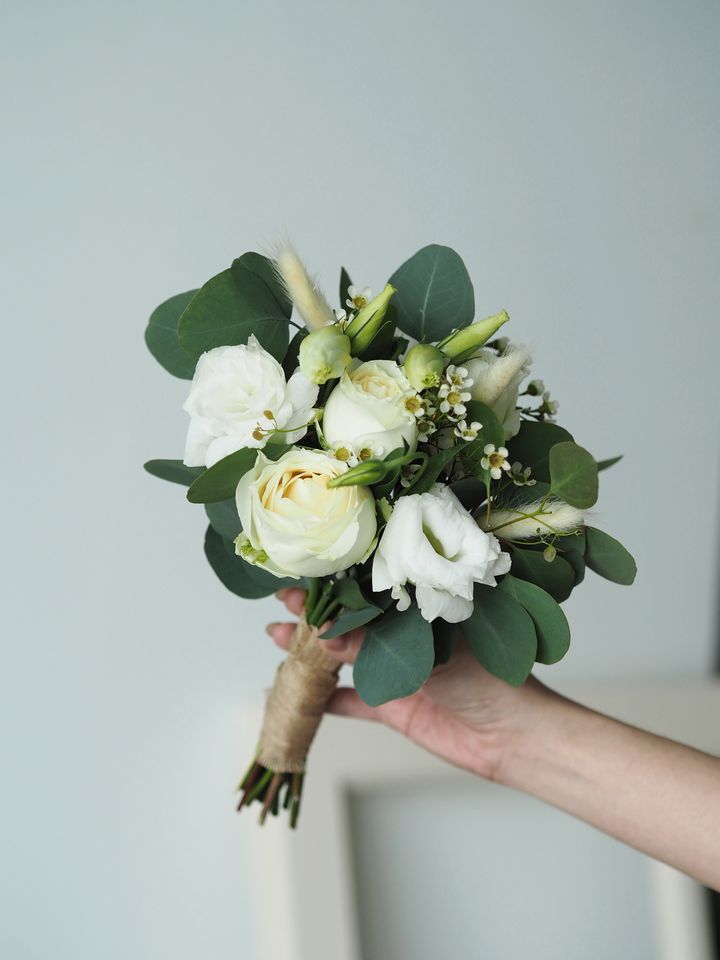 White roses with eustoma, eucalyptus with foliage arrangement - RM158 (1)