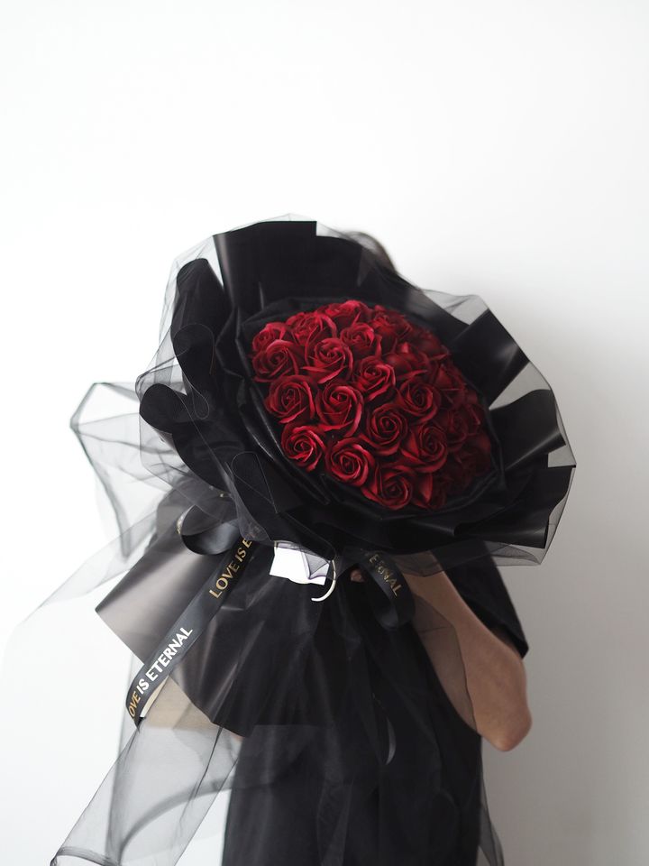 Soap - red roses with black and net wrapping - 33 stalks RM248 · 18 stalks RM188