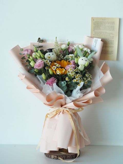 Sunflower with pink eustoma and matricaria together with Graduation guy and bunny - RM198 (2)