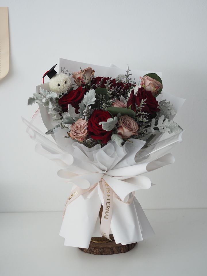 Premium ecuador red roses with cappuccino roses match with foliage + Ping Pong graduation guy - RM228+RM15