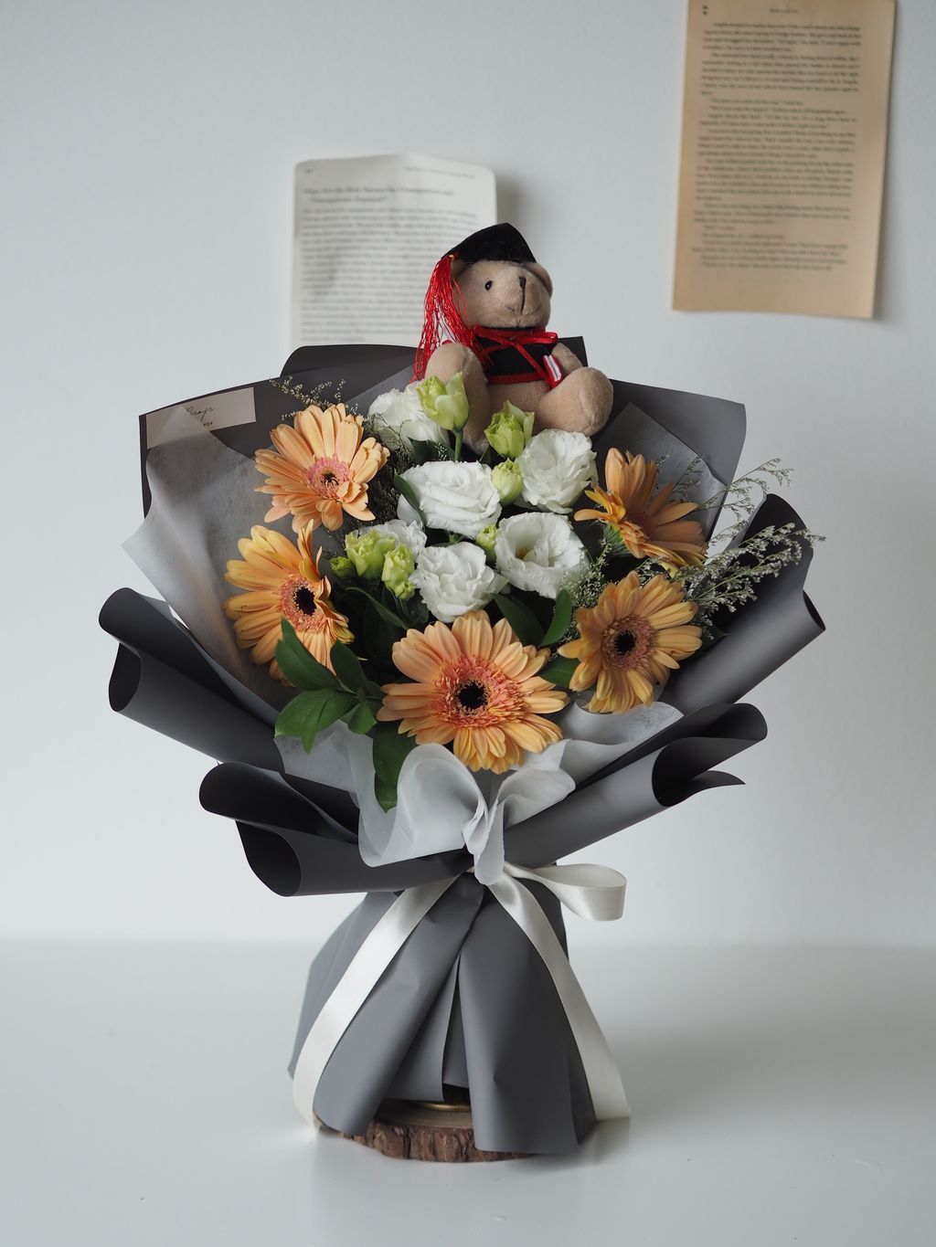 Gerbera with eustoma bouquet dark gray wrapping + Graduation bear - RM189 (1)