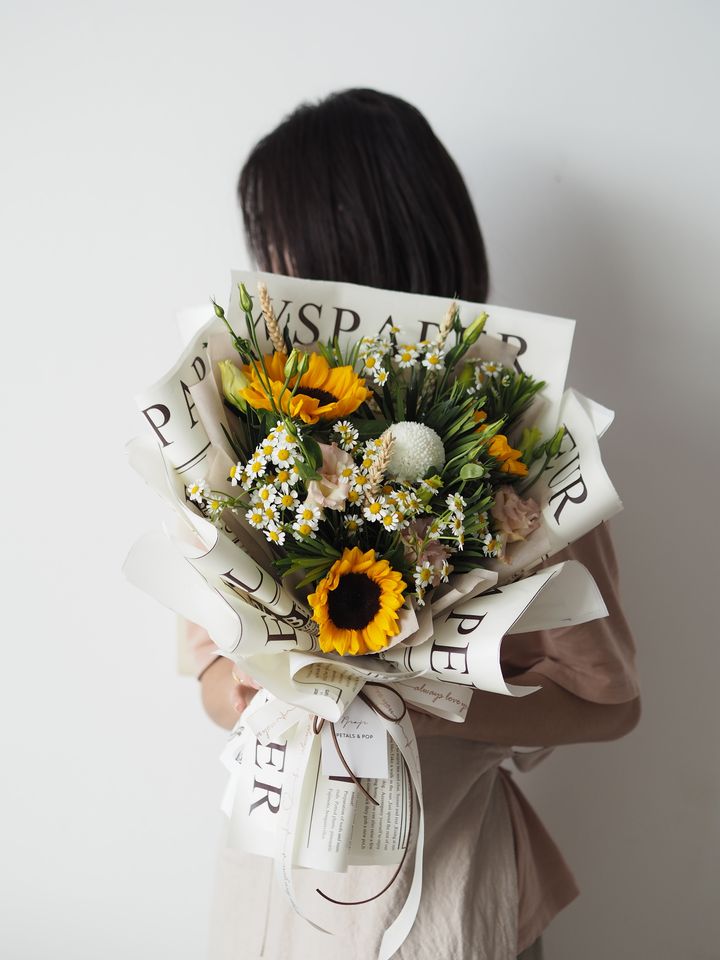 3 stalks sunflower with ping pong and foliage - RM189