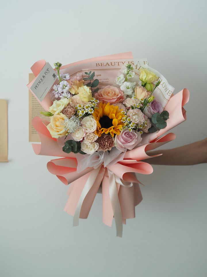 [24new] Sunflower with pink and champagne arragement - RM258
