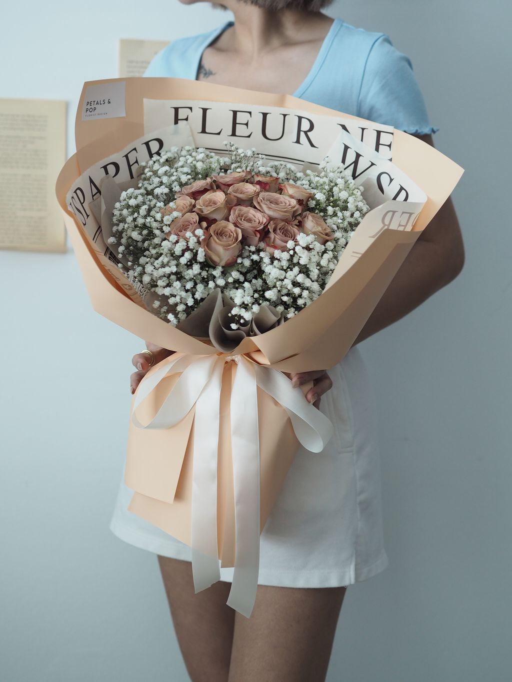 [1new] - 13 stalks cappuccino roses with baby breath - RM298