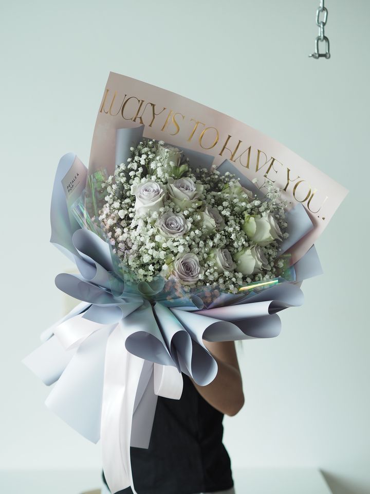 [new] 9-10 pastel purple roses with baby breath arrangement - RM289