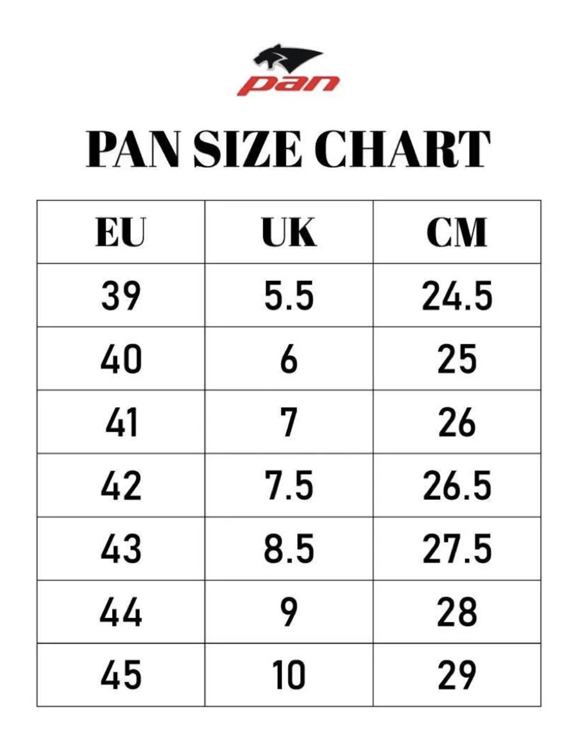 PAN SIZE CHART SIZE GUIDE